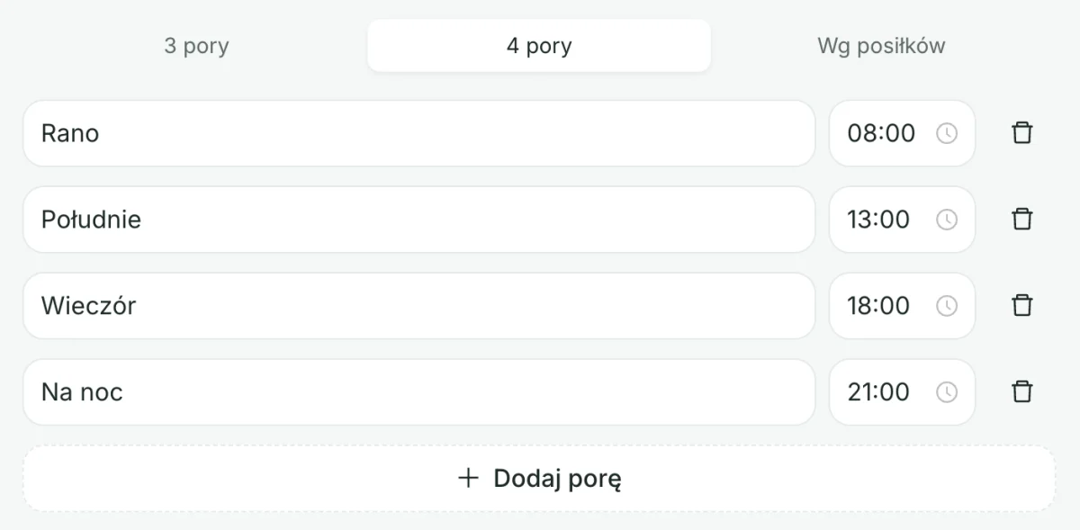 Zrzut ekranu: pory podawania leków ustawiane dla placówki