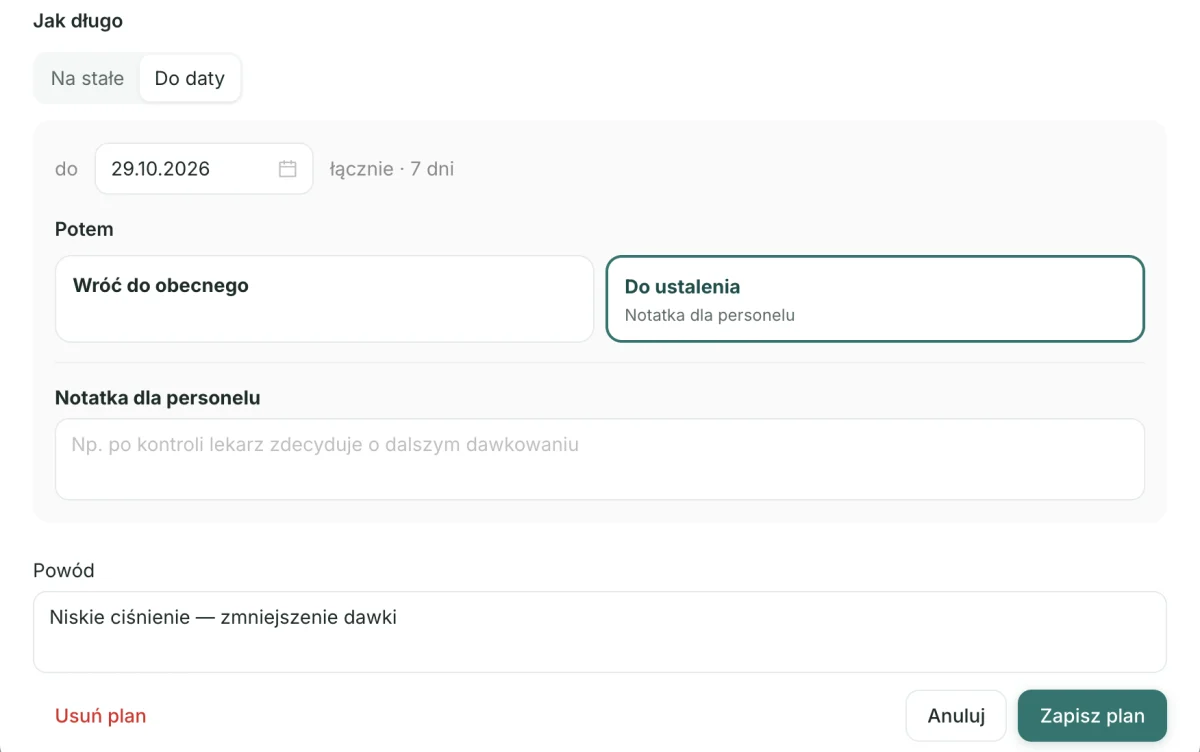 Zrzut ekranu: zmiana dawkowania