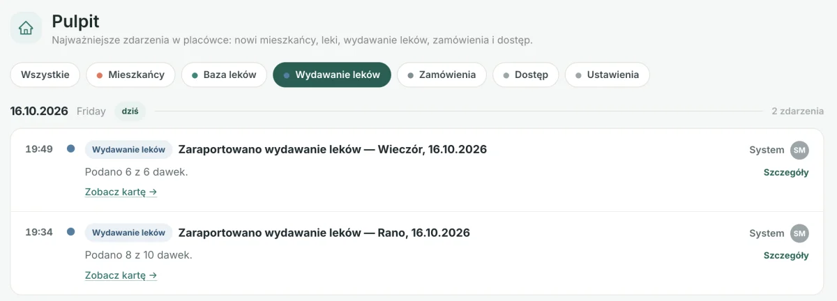Zrzut ekranu: historia podawania leków