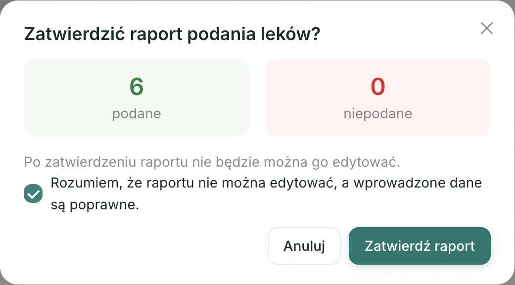 Zrzut ekranu: zatwierdzenie raportu podania leków