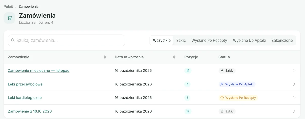 Zrzut ekranu: lista zamówień