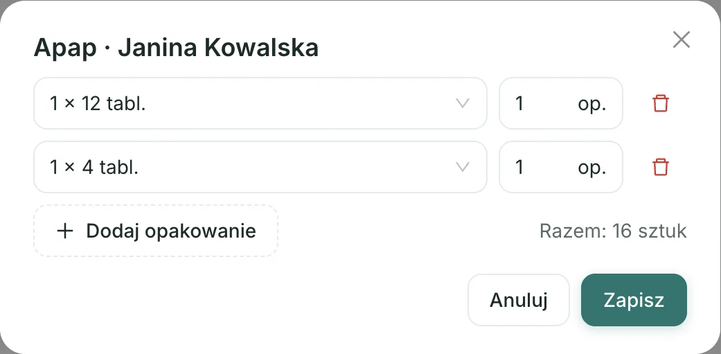 Zrzut ekranu: dobór opakowań